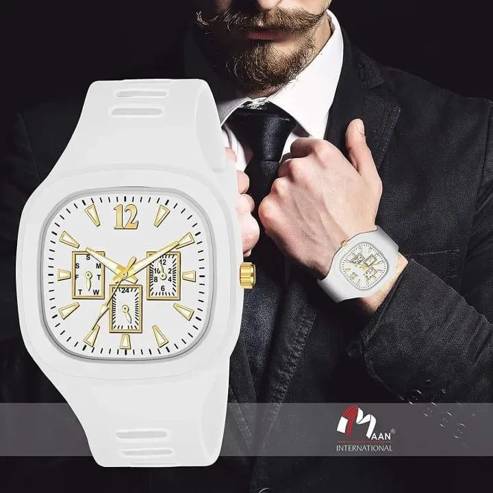 Men's Square Analog Watch with Gold Accents